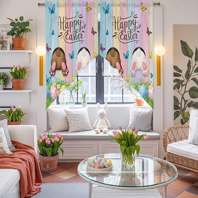 Swag Curtain Valances for Kitchen Windows, Happy Easter Rabbit Butt Egg on - Image 6