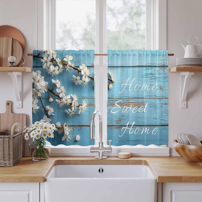 Farmhouse Wooden Grain Kitchen Curtains, Vintage Shabby Chic Flower Blue Light - Image 2