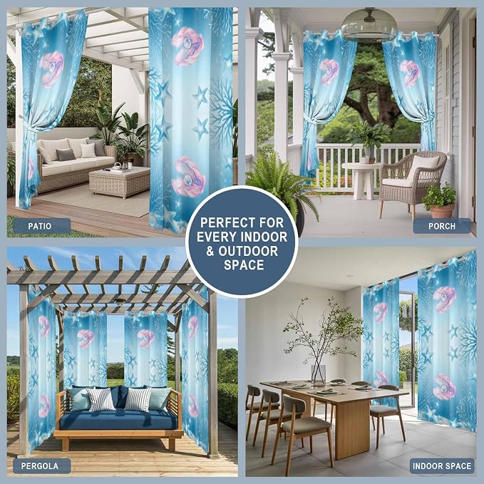 Ocean Shell Outdoor Curtains for Patio Corals Starfish Summer Marine Waterproof - Image 8