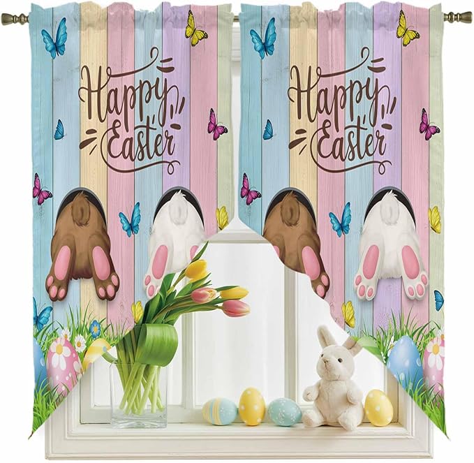 Swag Curtain Valances for Kitchen Windows, Happy Easter Rabbit Butt Egg on - Image 3