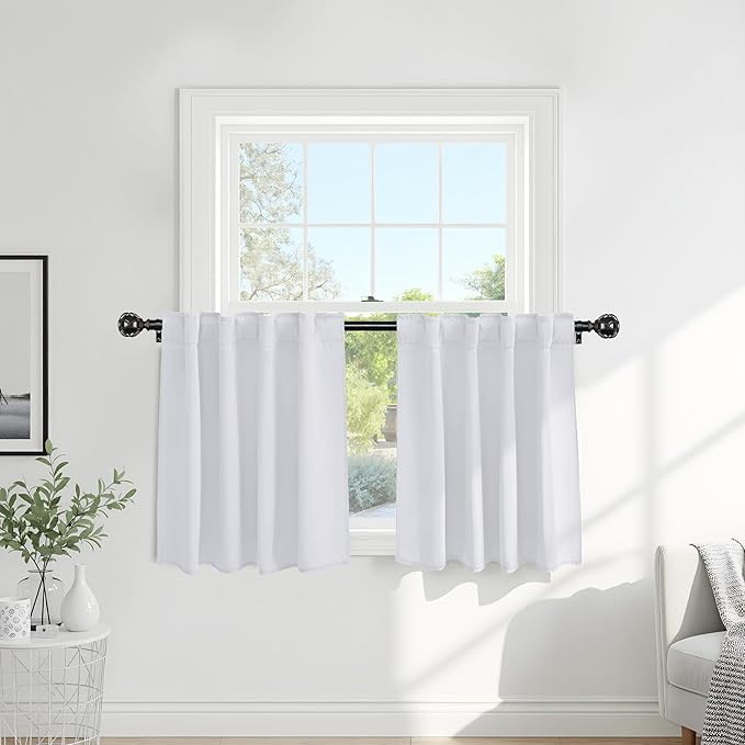 PONY DANCE Window Curtains Drapes - White Panels Short Drapes Back Tab/Rod Pocket Window Treatments Curtain Blinds Home Decoration for Kitchen Bedroom, W 42 by L 30 inch, Pure White, 2 PCs