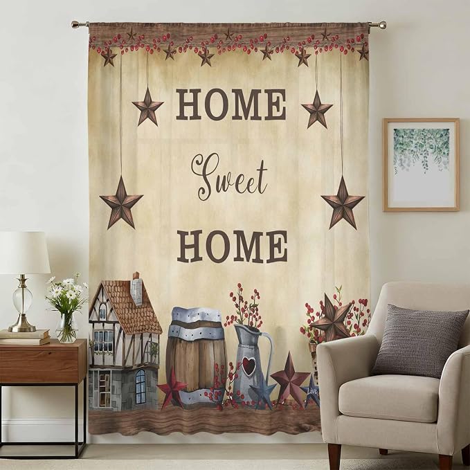 Farm Sheer Curtains 84 Inch Length American Country Barn Star Vintage Berry - Image 3