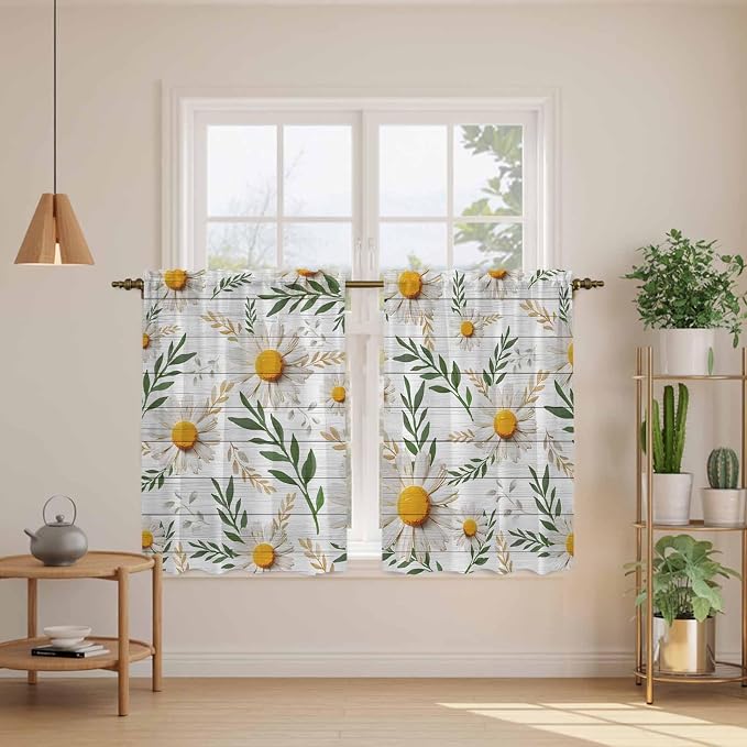 Spring Daisy Kitchen Curtains, Farmhouse Country Flower Leaf Plant Wood Grain - Image 3