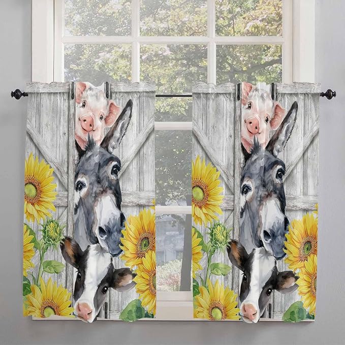 Farmhouse Kitchen Curtains 45 Inches length, Watercolor Sunflowers Animals - Image 2