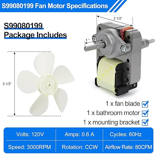 S99080199 Bathroom Exhaust Fan Motor and Blade – 80 CFM 4.0 Sones Vent Fan Motor - Image 3