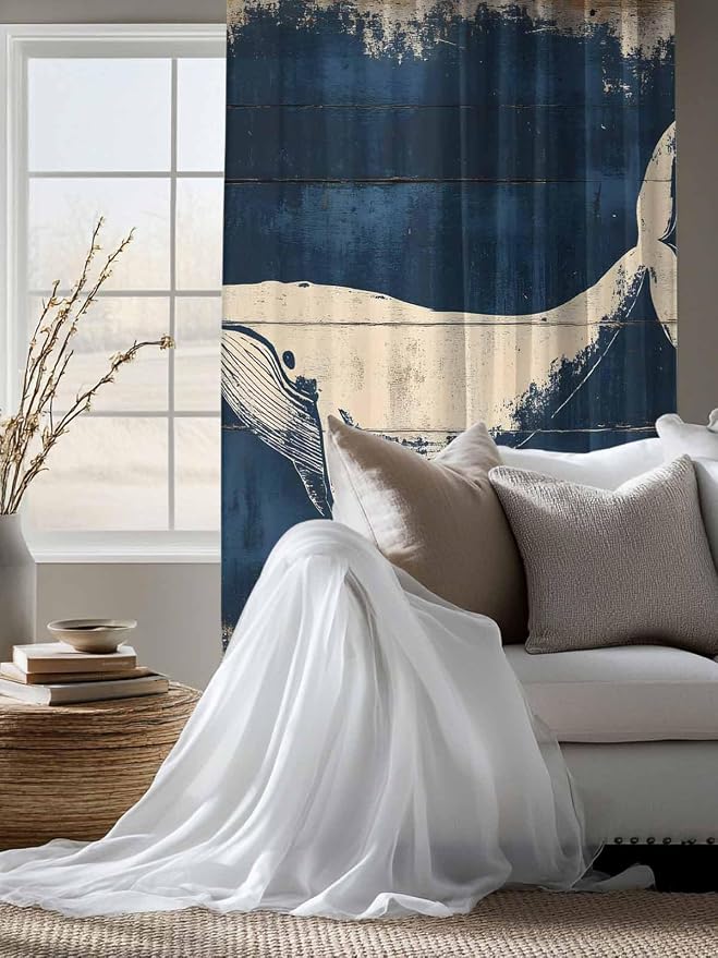 Sheer Curtains 63 Inch Length, Ocean Whale Blue Semi Sheer Curtains Light - Image 4