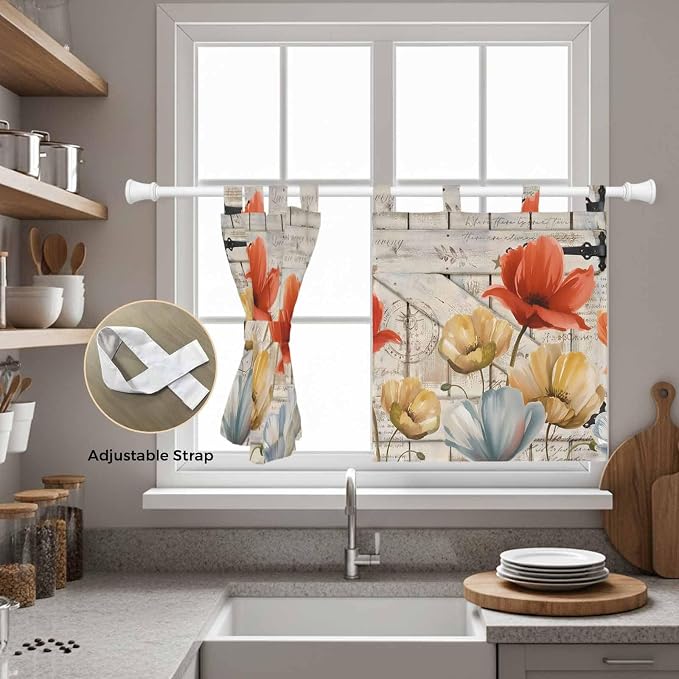 Retro Floral Kitchen Curtains 36 Inch Length, Small Window Curtains Tab Top - Image 5