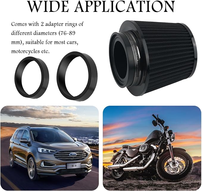 Cold Air Intake Filter with 76, 102mm Adapter Ring, Round Cone Air Filter - Image 7