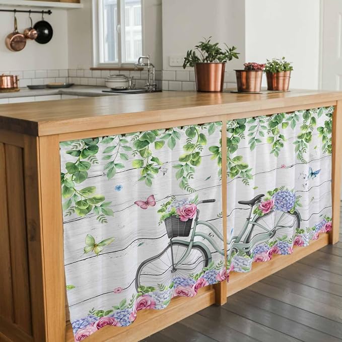 Spring Tier Curtains, Bicycles Botanical Rose Leaves Butterfly Wood Grain Light - Image 7