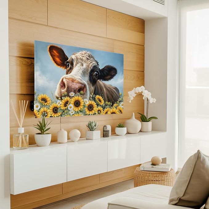 Farmhouse Animals Cow Indoor TV Cover, Elastic TV Screen Protector Sunflowers - Image 3