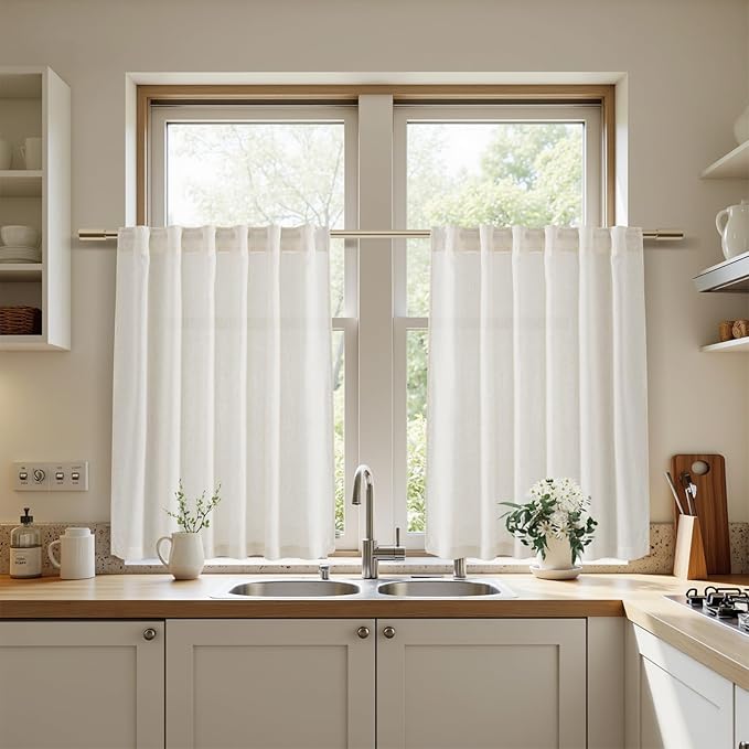 Nanspring 30 Inch Long Cream Curtains for Kitchen Linen Blend Semi Sheer Light Filtering Back Tab and Rod Pocket Rustic Farmhouse Decor for Bathroom Small Window Curtain 29 x 30 Inch, 2 Panels