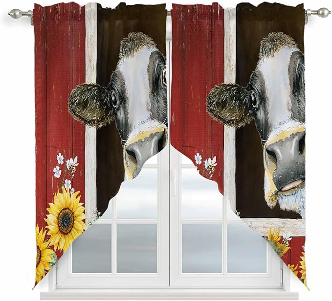 Cows Sunflowers Swag Valances for Windows, Rustic Farms Barns Flowers Bees by Unknown