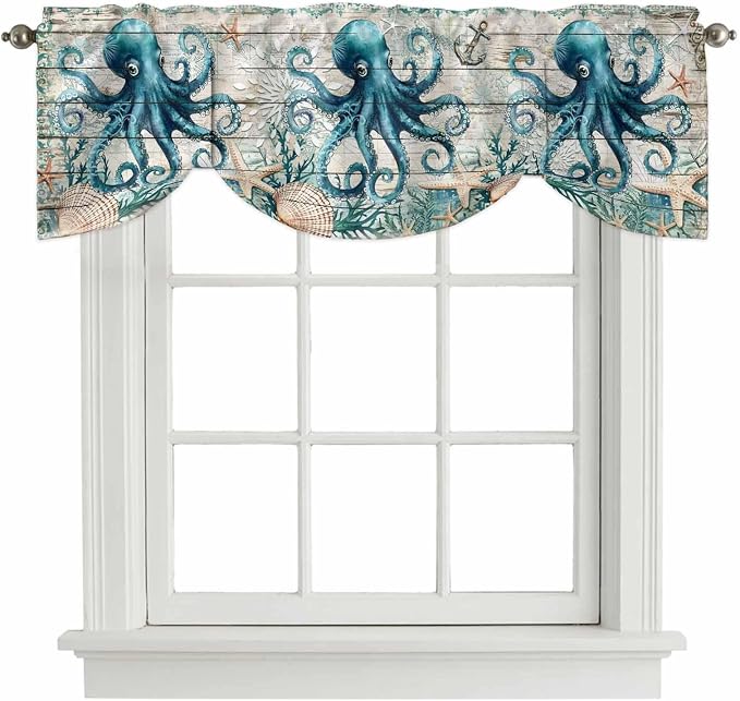 Sea Octopus Ocean Starfish Tie Up Valance Curtains, Nautical Anchor Vintage - Image 9