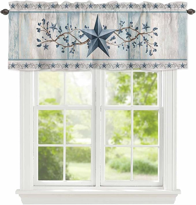 Blue Texas Star Valances for Windows, Vintage Star Berry Blue Beige Wood Grain by Unknown