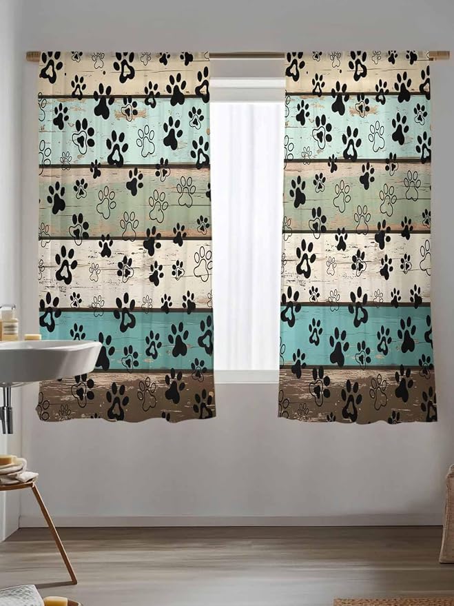 Sheer Curtains 63 Inch Length, Sage Green Brown Paw Prints Semi Sheer Curtains - Image 5