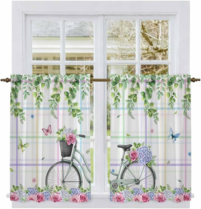 Spring Kitchen Curtains, Bicycles Botanical Leaves Rose Colorful Stripes Light by Unknown