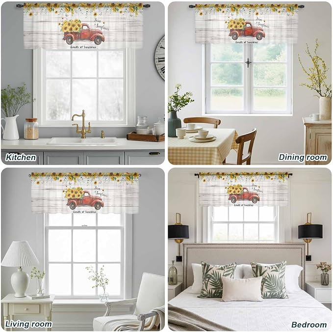 Farmhouses Sunflowers Sheer Valance Curtains, Retro Floral Leaves Red Truck - Image 9