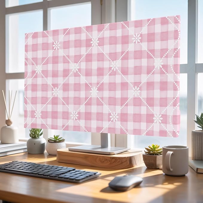 Pink Plaid Flower White Lattice Indoor TV Cover, Elastic TV Screen Protector - Image 5