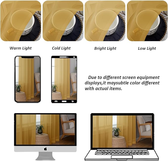 Chyhomenyc Gold Sheer Curtains 84 Inches Long 2 Panels, Light Filtering Gold Curtains for Living Room, Soft Gentle Voile Rod Pocket Bedroom Window Drapes, 59Wx84L Inch, 2PCS