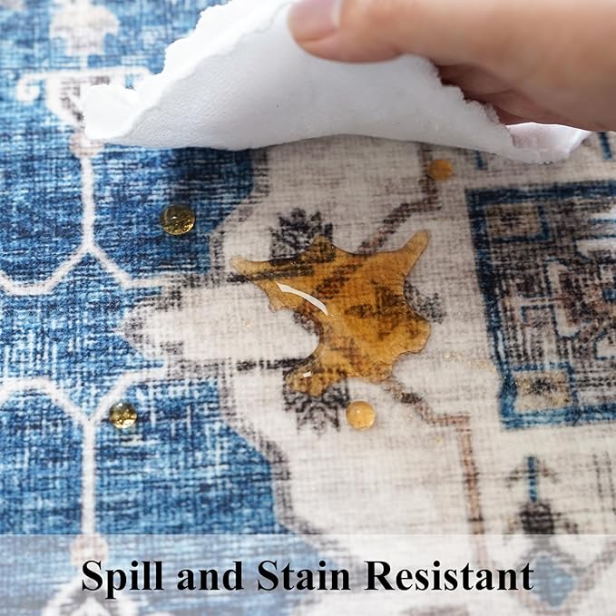 2x3 Washable Vintage Area Rug: Indoor Soft Entryway Rug with Non Slip Backing Water Resistant Carpet for Kitchen Bathroom Laundry Low Pile Door Mat Perfect for Homes with Cats & Dogs(2x3,Blue)