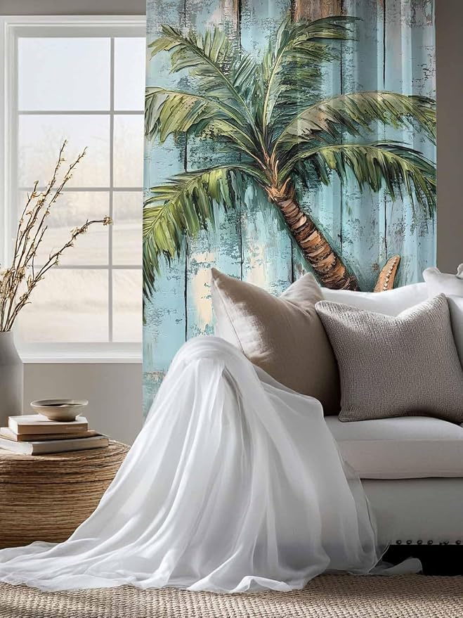 Sheer Curtains 63 Inch Length, Coastal Blue Green Tree Semi Sheer Curtains - Image 4