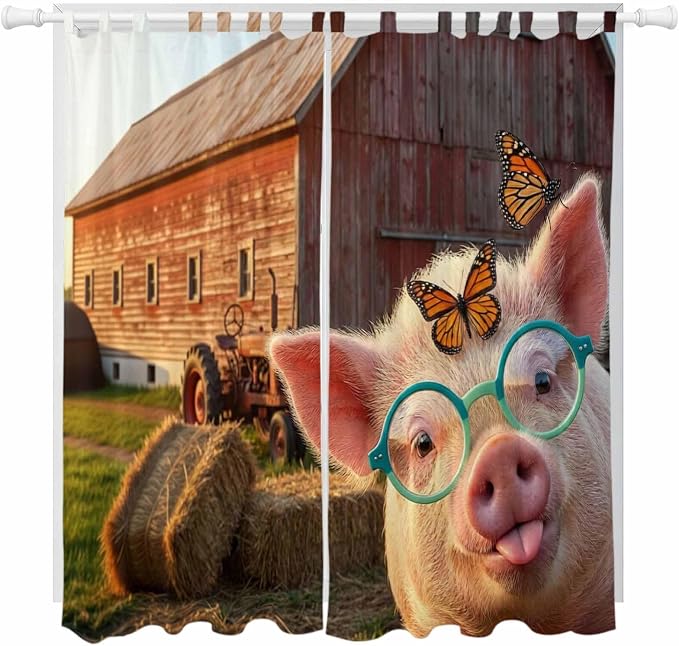 Farm Pig Living Room Curtains 96 Inch Length, Window Curtains Tab Top, by Unknown