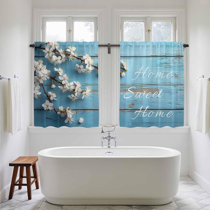 Farmhouse Wooden Grain Kitchen Curtains, Vintage Shabby Chic Flower Blue Light - Image 5
