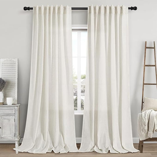Cream Linen Curtains 112 Inches Long for Living Room Extra Long Back Tab Curtains Neutral Farmhouse Light Filtering Semi Sheer Linen Drapes Ceiling to Floor for Large Window 2 Panels Set 52x112
