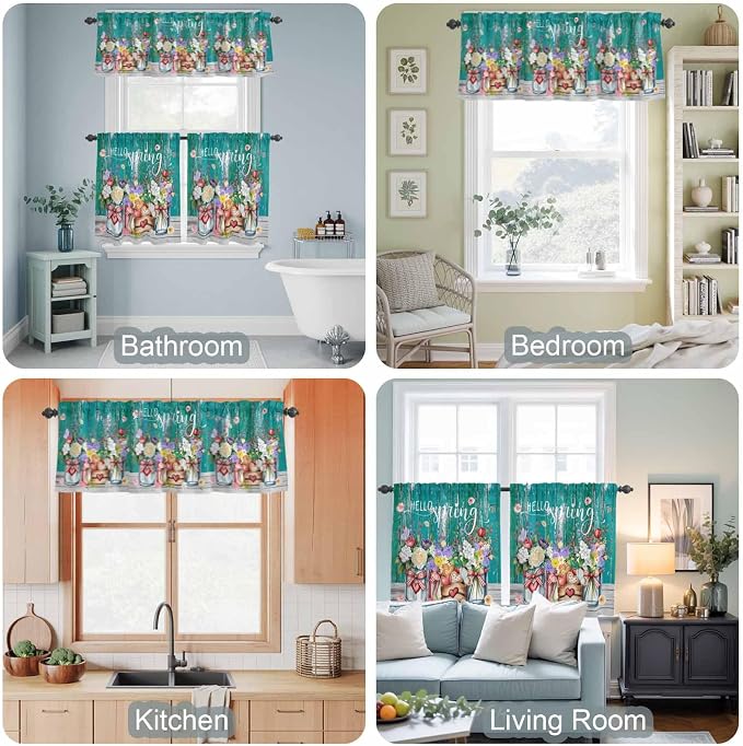 Spring Flowers Kitchen Curtain Set, Farmhouse Watercolor Teal Wood Grain Window - Image 7