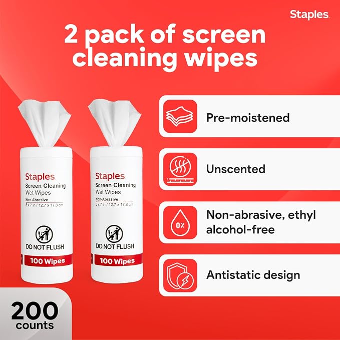 Staples Screen Cleaning Wipes – 100 per Tub, Safe - Image 2