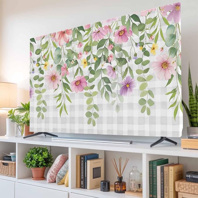 Country Spring Flowers Indoor TV Cover, Elastic TV Screen Protector Gray White - Image 6