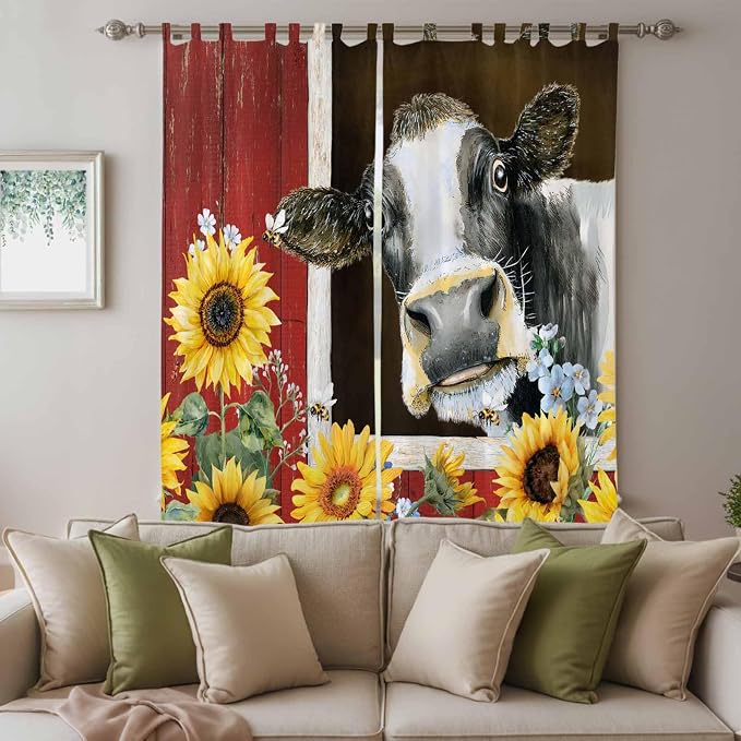 Cows Sunflowers Living Room Curtains 84 Inch Length, Window Curtains Tab Top - Image 3