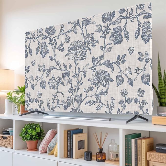 Rustic Blue Flower Leaves Sketch Indoor TV Cover, Elastic TV Screen Protector - Image 6