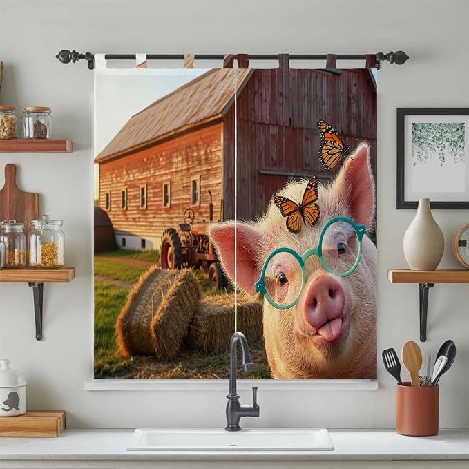 Farm Pig Bathroom Curtains 63 Inch Length, Window Curtains Tab Top, Farmhouse - Image 3