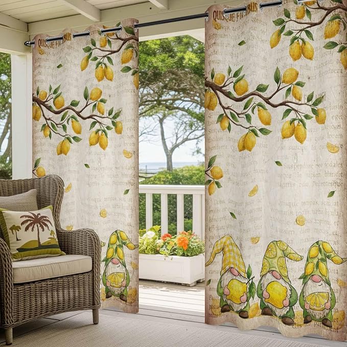 Summer Gnome Outdoor Curtains for Patio Gnome Lemon Leaf Vintage Waterproof - Image 5