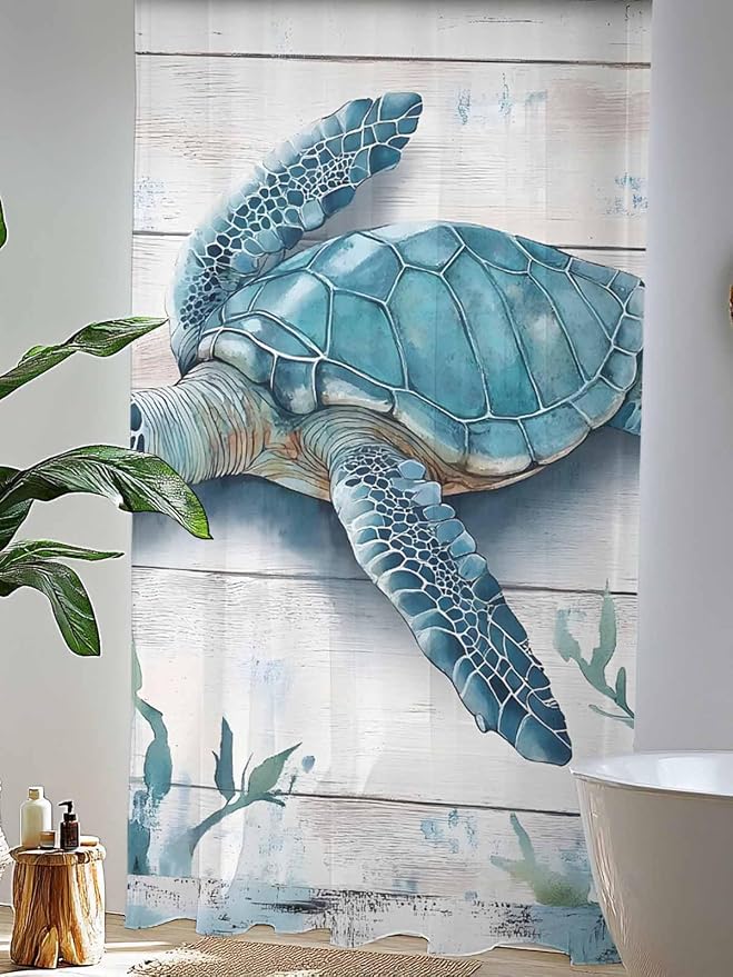 Sheer Curtains 96 Inches Long, Teal Green Sea Turtle Semi Sheer Curtains Light - Image 4