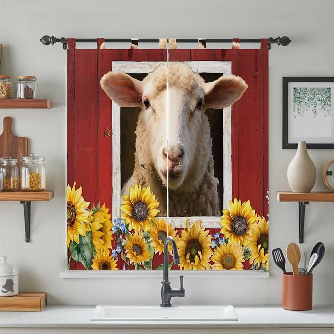 Sheep Sunflower Bathroom Curtains 63 Inch Length, Window Curtains Tab Top - Image 3