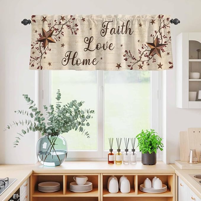 Kitchen Curtains Tiers and Valance Set of 3, Retro Country Stars Rustic - Image 4