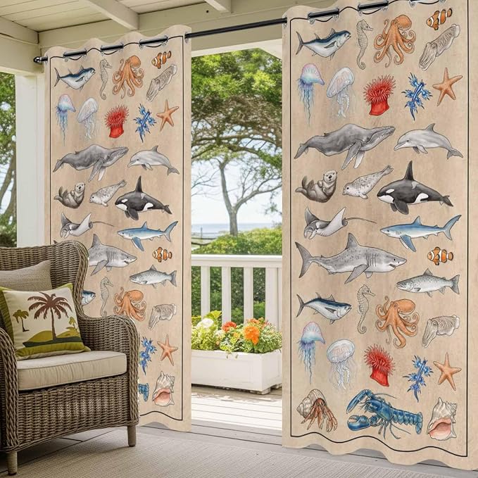 Vintage Outdoor Curtains for Patio Sharks Whales Lobsters Biographies - Image 5