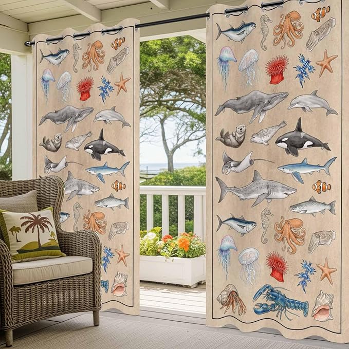Vintage Outdoor Curtains for Patio Sharks Whales Lobsters Biographies - Image 5