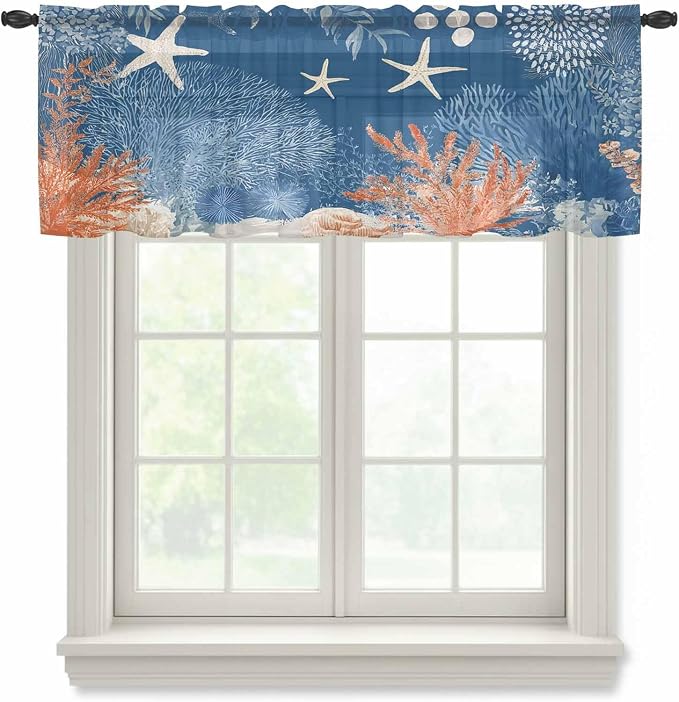Ocean Corals Sheer Valance Curtains, Summer Beach Coral Sea Stars Dark Blue by Houseown