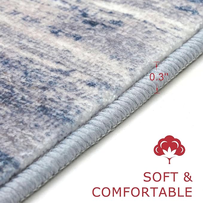 KOZYFLY Modern Abstract Washable Rug Runner 2.6x12 Hallway Rug Runner Non-Slip Soft Kitchen Runner Rugs, Grey-Blue Striped Carpet for Entryway Bathroom Laundry Room Foyer