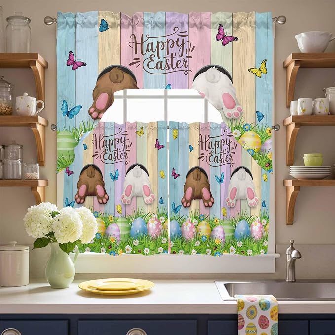 Swag Valance Curtains, Happy Easter Rabbit Butt Egg on Daisy Leaf Rod Pocket - Image 8