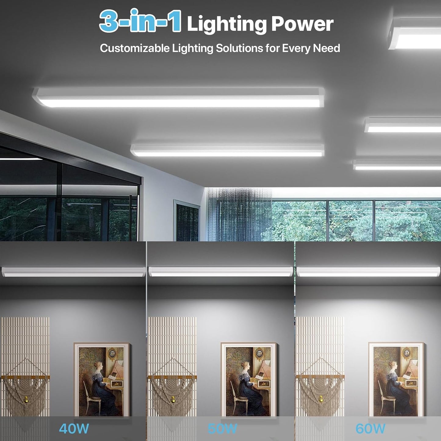 HYPERLITE 4FT LED Wraparound Light 6600LM, 60W/50W/40W, 4000K LED Shop Lights Surface Mounting，AC120V Led Ceiling Wraparound Light for Garage, Office Kitchen, Hallway, Fluorescent Replacement, 4P