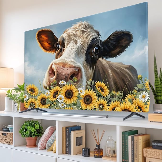 Farmhouse Animals Cow Indoor TV Cover, Elastic TV Screen Protector Sunflowers - Image 6