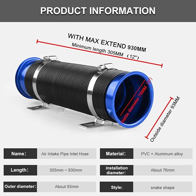 Sporacingrts Air Intake Pipe Inlet Hose Adjustable 3" 76mm Flexible Cold Air - Image 2