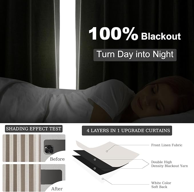 Topfinel 102 Inches Long Blackout Linen Curtains, Soundproofing Pinch Pleated Noise Cancelling Curtains Burlap Viral Drapes 2 Panels for Living Room Bedroom