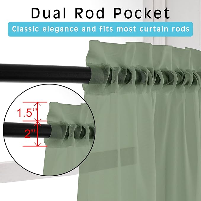 OVZME 2 Panels Sage Green Semi Sheer Valance - Short Fresh Curtain Valances for Windows, Basement, Kitchen Window, Dual Rod Pocket (Sage Green, 42 by 14 Inches Long)