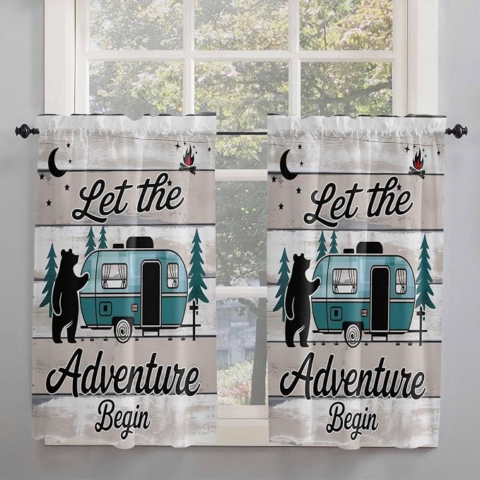 Farmhouse Bear Camper Van Tree Window Valance Curtains, Vintage Wood Grain - Image 7
