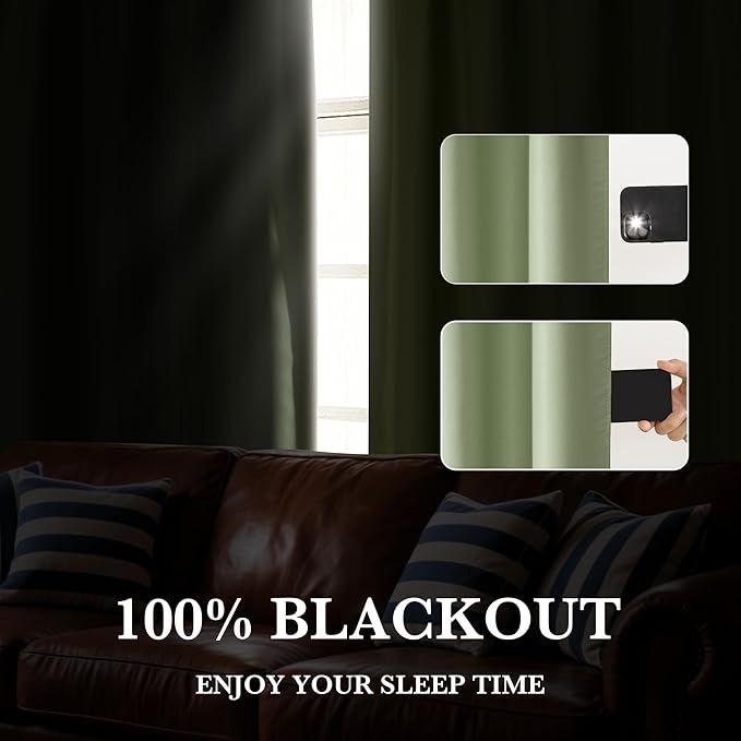 RYB HOME Bedroom Blackout Curtains 72 inches Long, 100% Blackout Thermal Insulated Noise Reducing Curtains for Living Room Nursury, 62 inches Wide by 72 inches Long, Sage Green